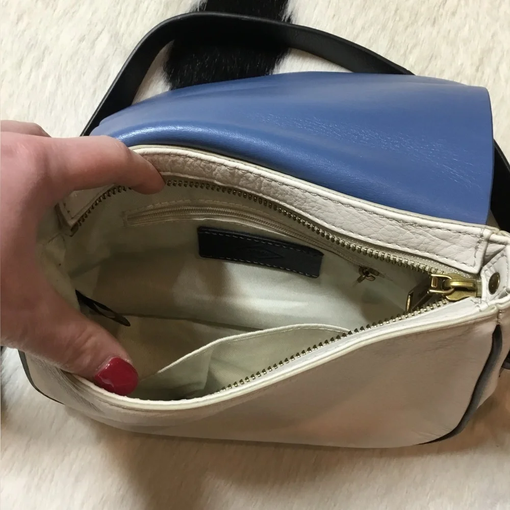 Fossil Harper Small Saddle Crossbody bag, blue and white leather design.